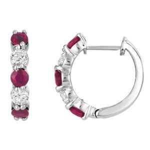 2 Carat Natural Ruby & Diamond Hoop Earrings 14K White Gold